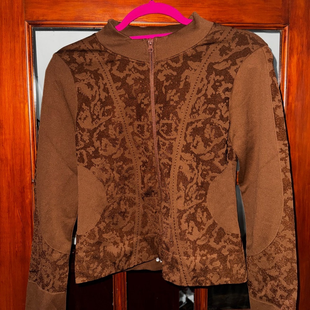 Brown Patterned Fitted Zip-Up Shirt